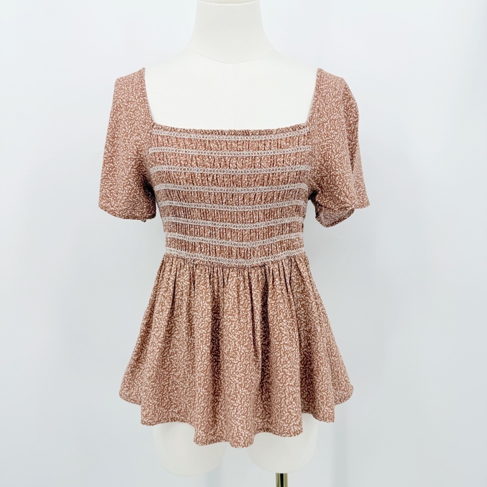 SO Smocked Peplum Top XS Floral Beige Cottagecore Prairie Boho Babydoll Coquette